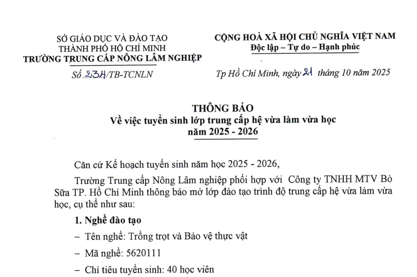 Thông báo tuyển sinh trung cấp VLVH ngành Trồng trọt và Bảo vệ thực vật